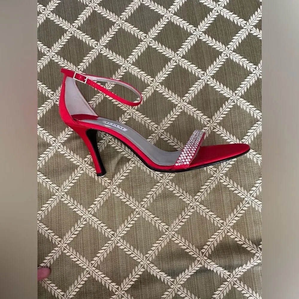 Alfani Ashton Red High-Heels with Rhinestones Ankle Strap 10M Shoes 3 1/2” Heel